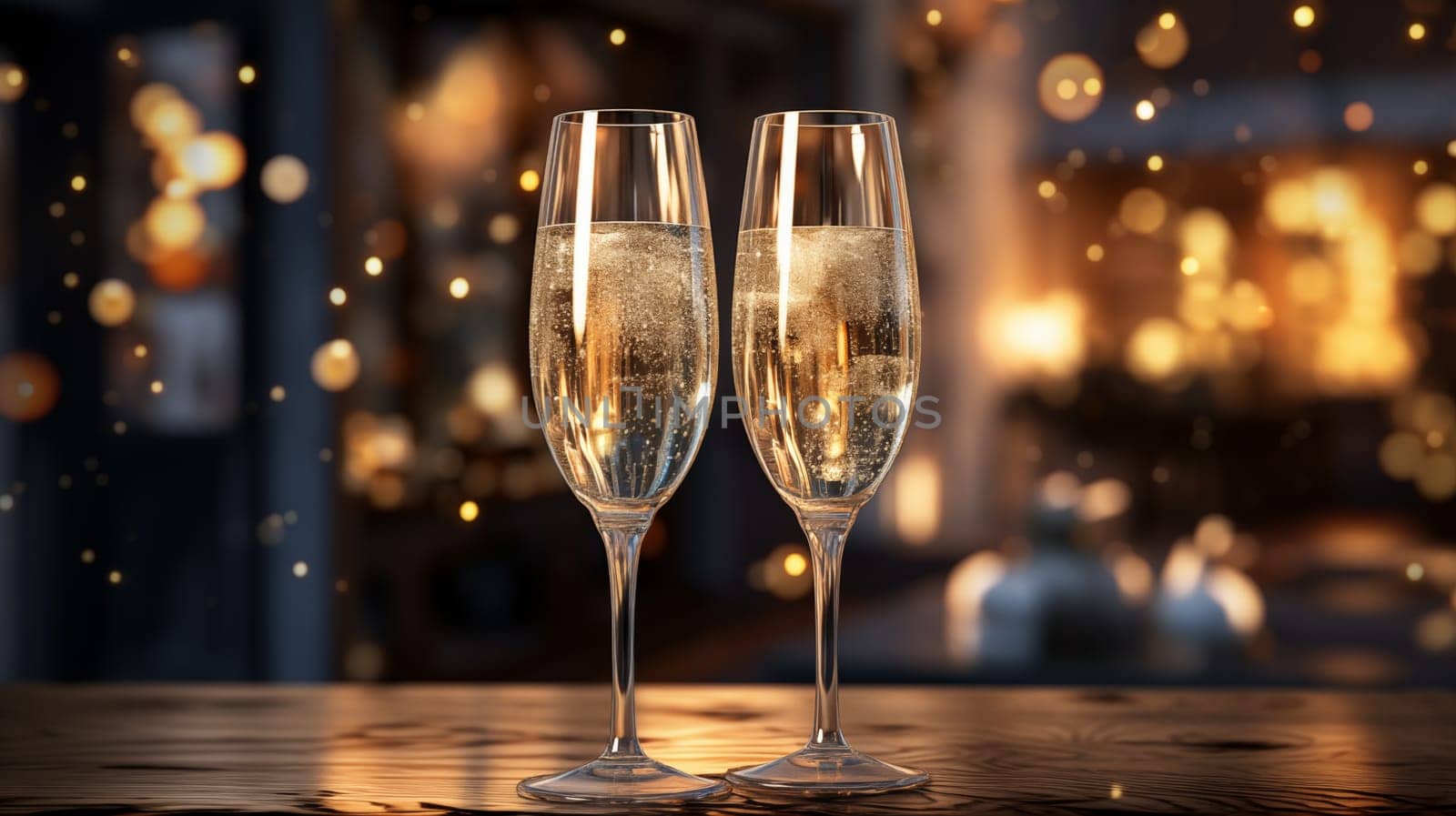 Two elegant glasses of champagne with particles of gold stand on the wooden table in the evening, surrounded by golden bokeh lights.