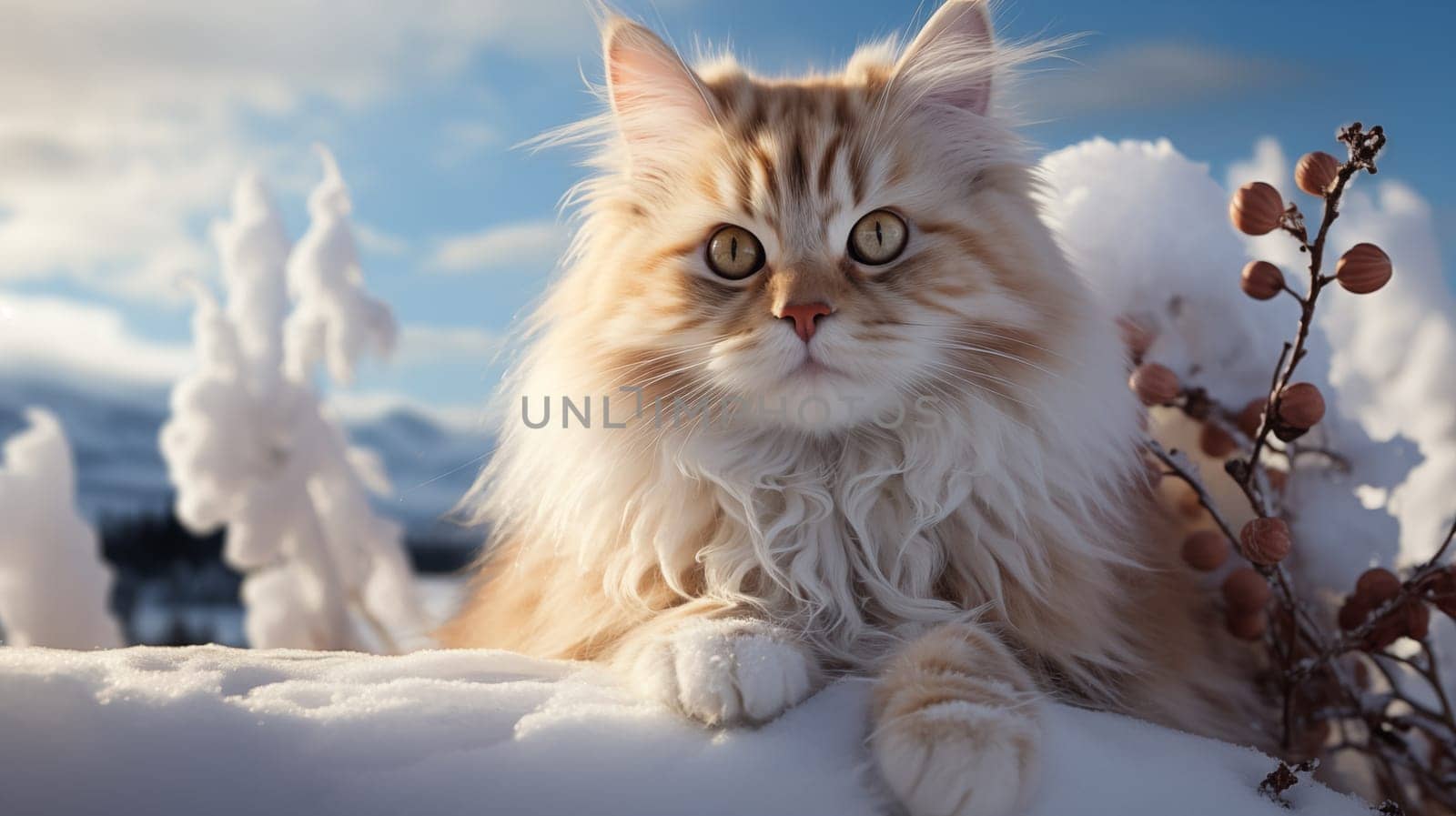 Close up of ginger fluffy cat, lie on snow, in beautiful winter landscape by Zakharova