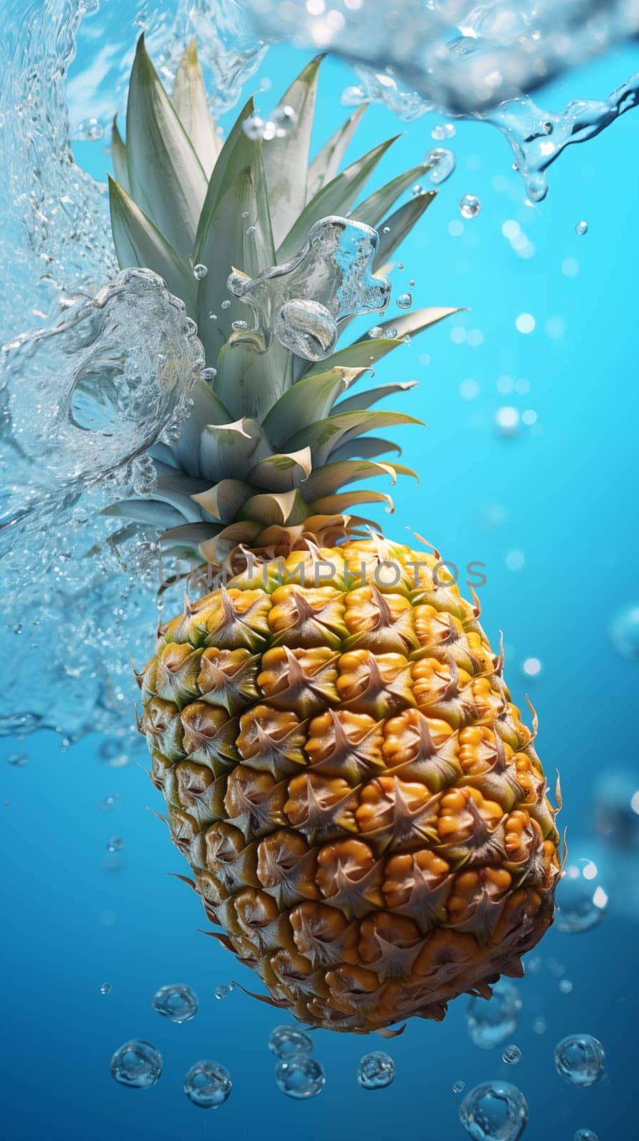 Fresh pineapple under light-blue water, with splashes and air bubbles by Zakharova