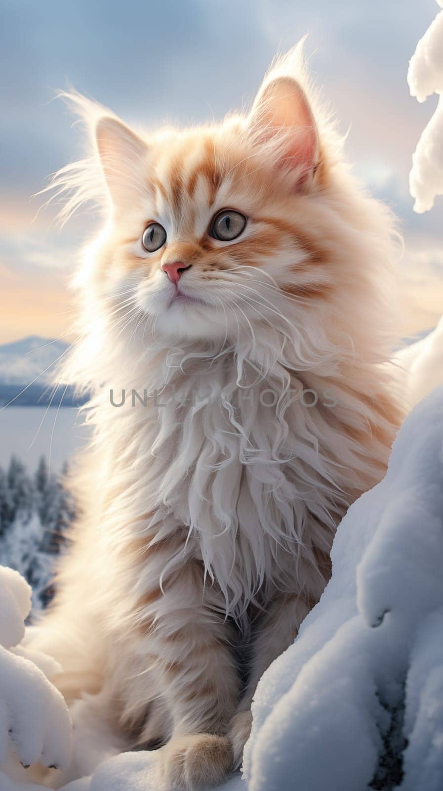 Beautiful ,fluffy cat, sitting on the snow on a winter day, at sunset. Looking away.Vertical