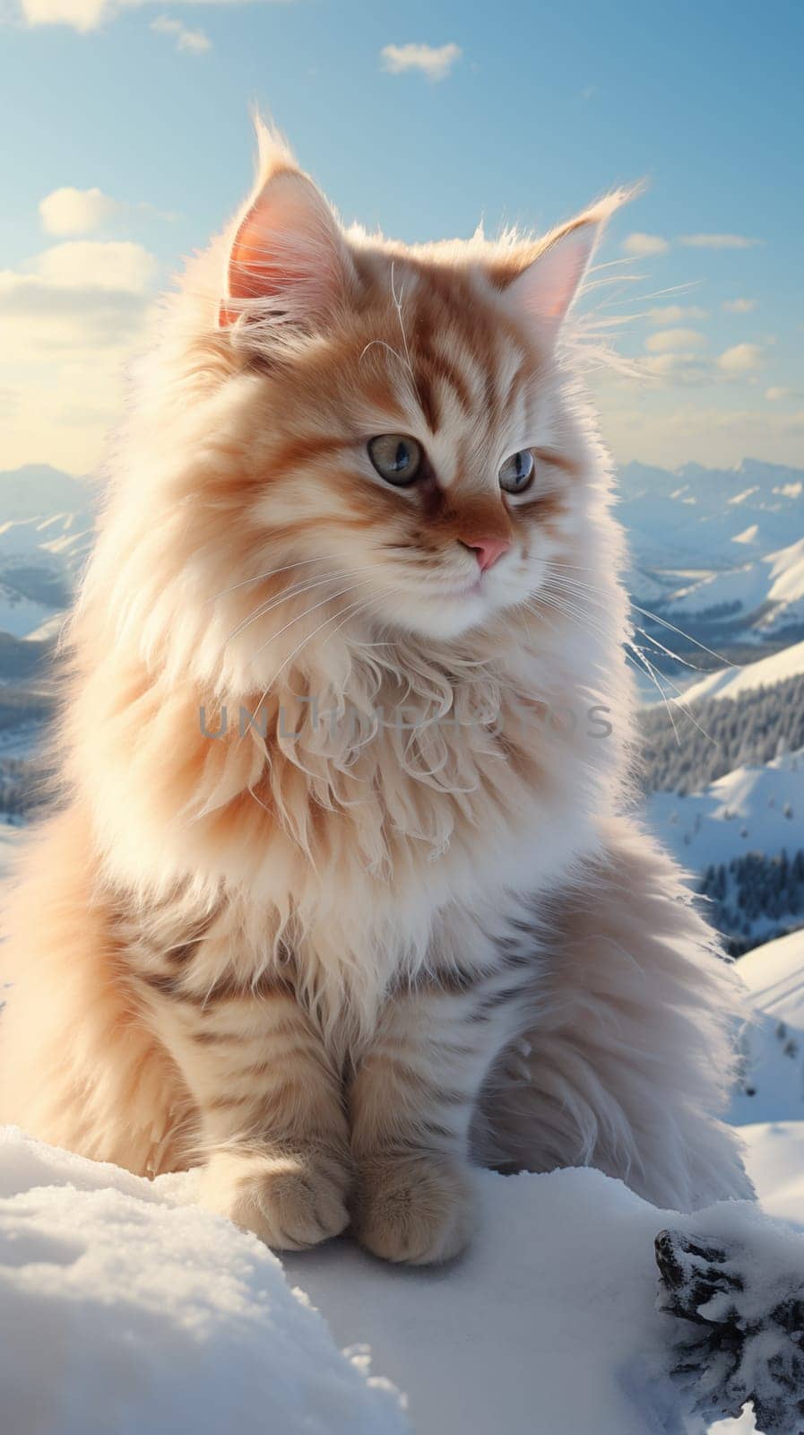 Adorable, red and white cat sitting on the snow on a sunny winter day. Looking away.Vertical