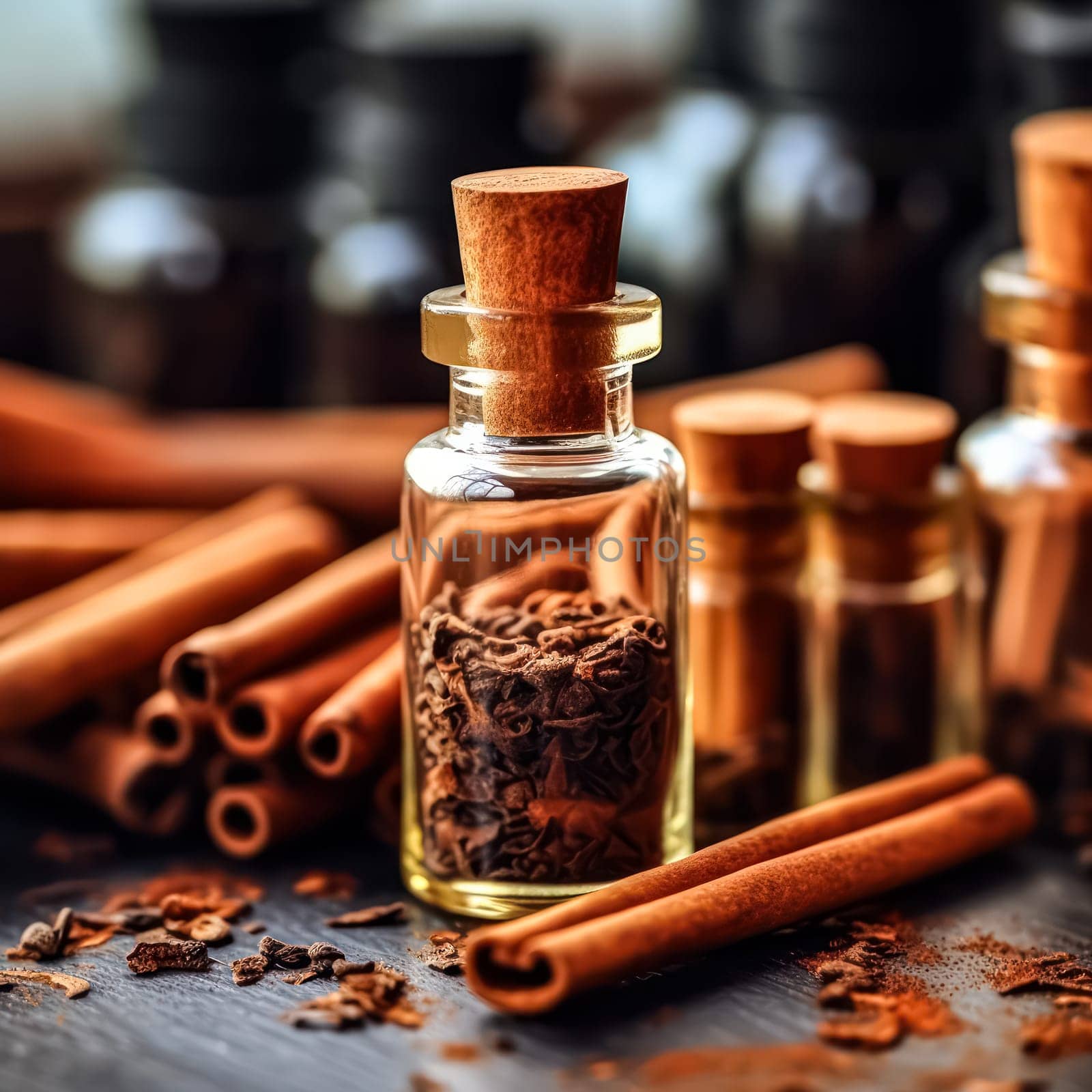 Elevate your culinary journey with this collection of exquisite spices cinnamon, star anise, coriander, and anise, beautifully presented in glass bottles