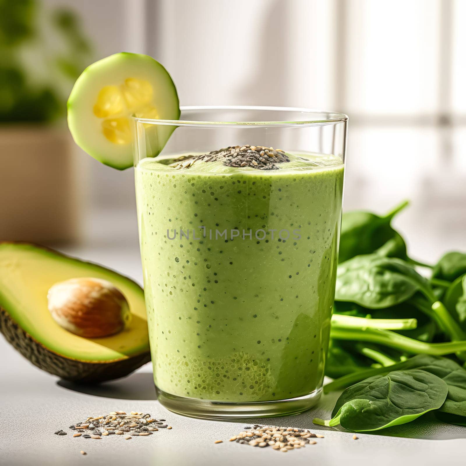 Revitalize with a glass of green smoothie, a blend of vegetables and fruits. Strengthen your immune system with this refreshing and healthy choice