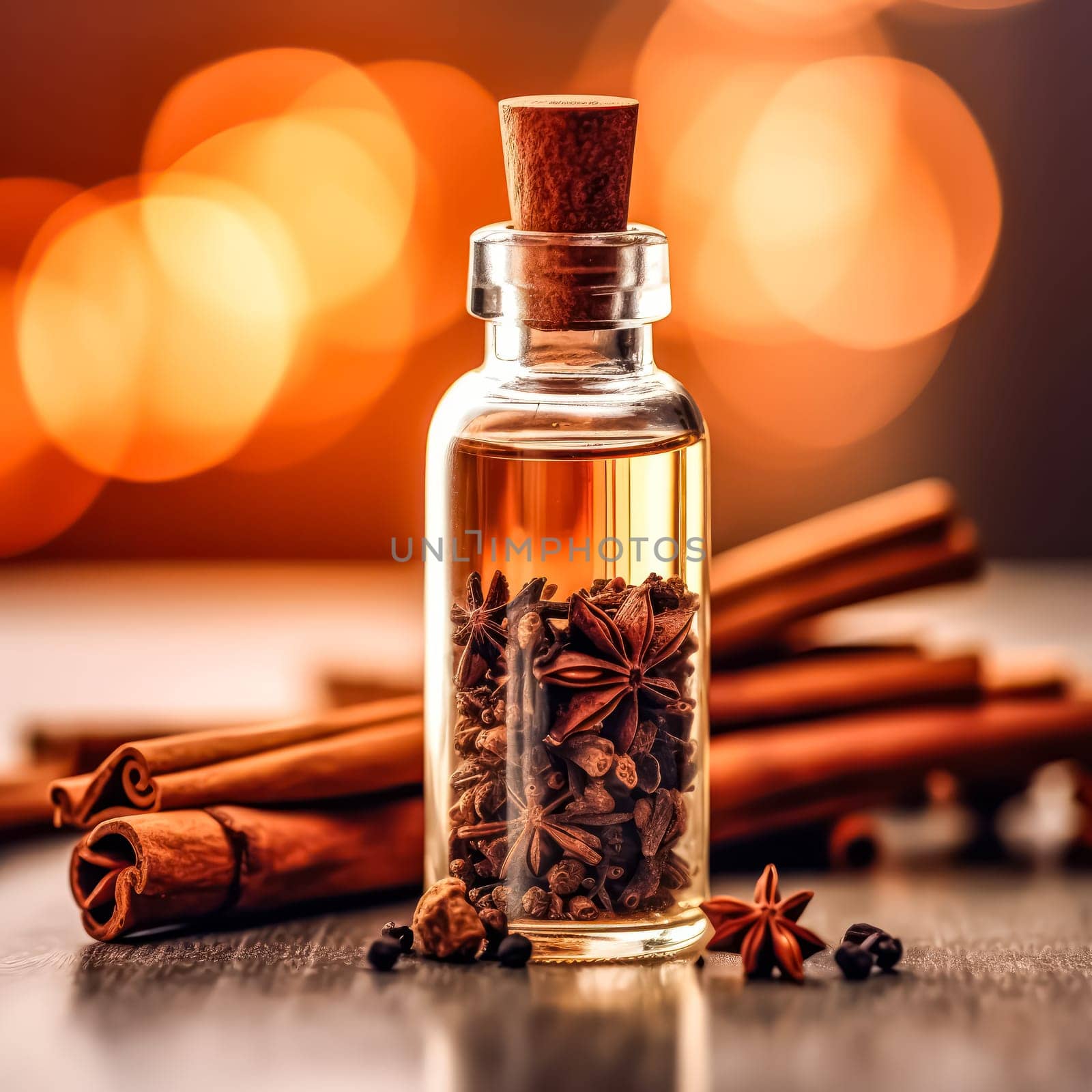 Elevate your culinary journey with this collection of exquisite spices cinnamon, star anise, coriander, and anise, beautifully presented in glass bottles