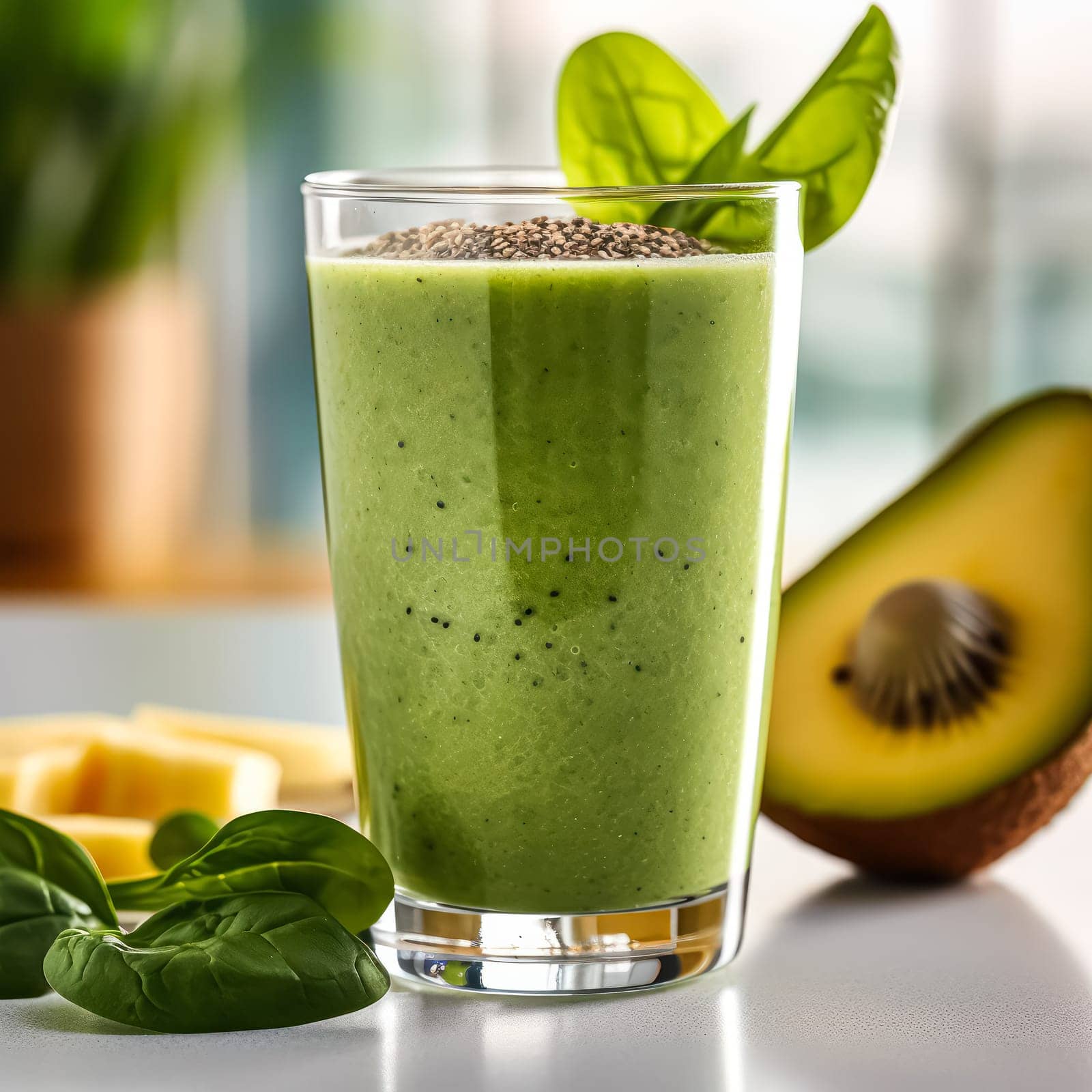 Revitalize with a glass of green smoothie, a blend of vegetables and fruits. Strengthen your immune system with this refreshing and healthy choice