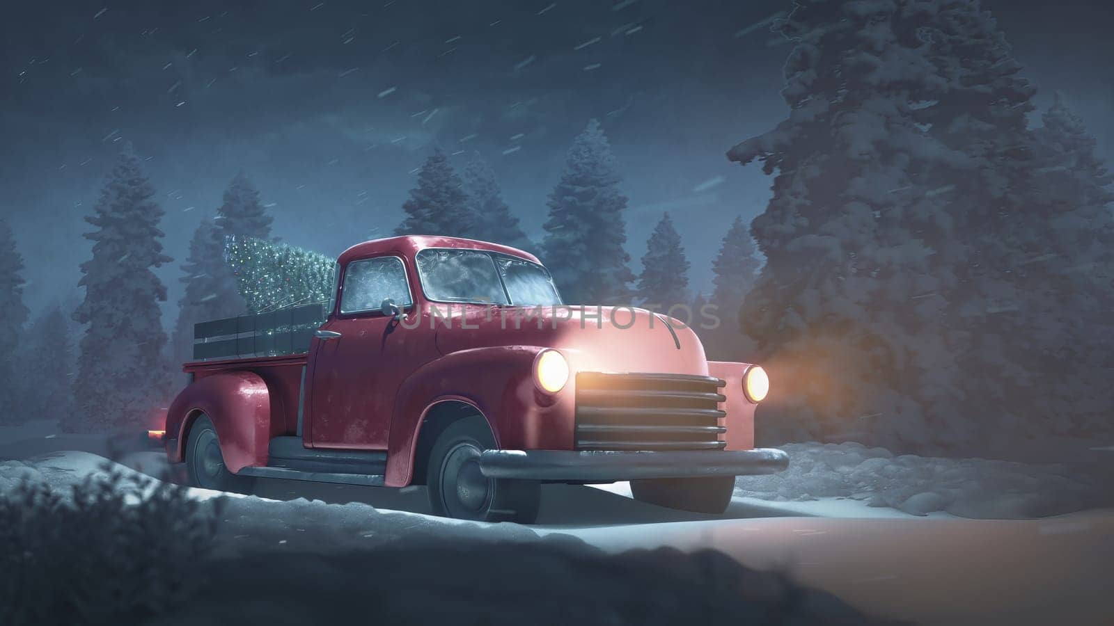 3d render Christmas pickup truck driving with a Christmas tree through a snowy forest in 4k