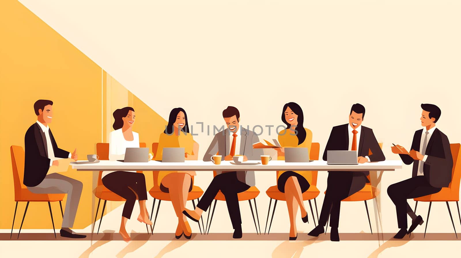 Illustration of people sitting around a table. minimalist image with flat shapes- business concept - generative AI by chrisroll