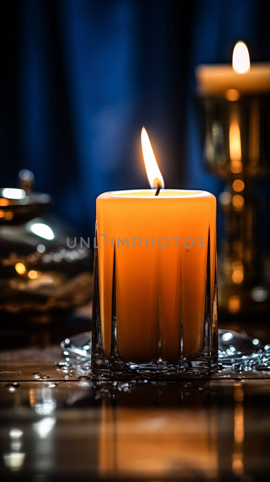 Candle flame dances within the confines of a glass, casting a warm light upon the stillness of the night, as wax slowly melts - generative AI