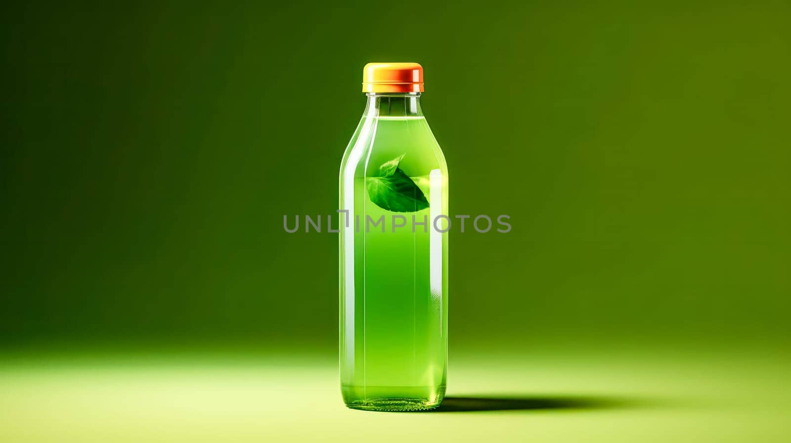 Vibrant wellness, Tonic green smoothie from vegetables in a bottle on a lush green backdrop. A refreshing stock photo embodying the concept of healthy drinks