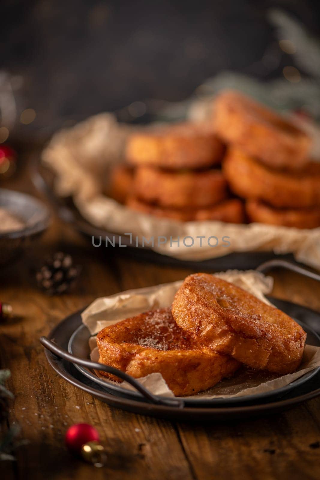 Traditional Portuguese Christmas Rabanadas. Spanish Torrijas on kitchen countertop.