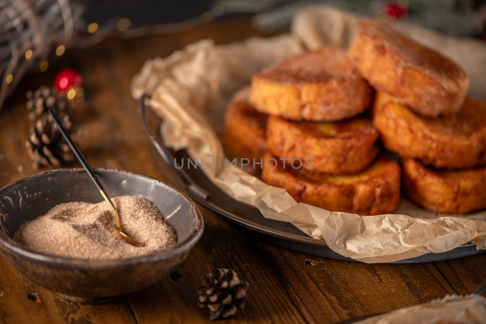 Traditional Portuguese Christmas Rabanadas. Spanish Torrijas on kitchen countertop.