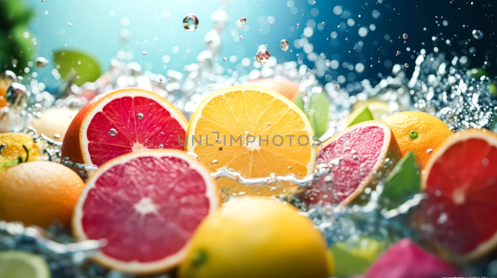 Cross section of fruits in water splashes on a tropical backdrop ...