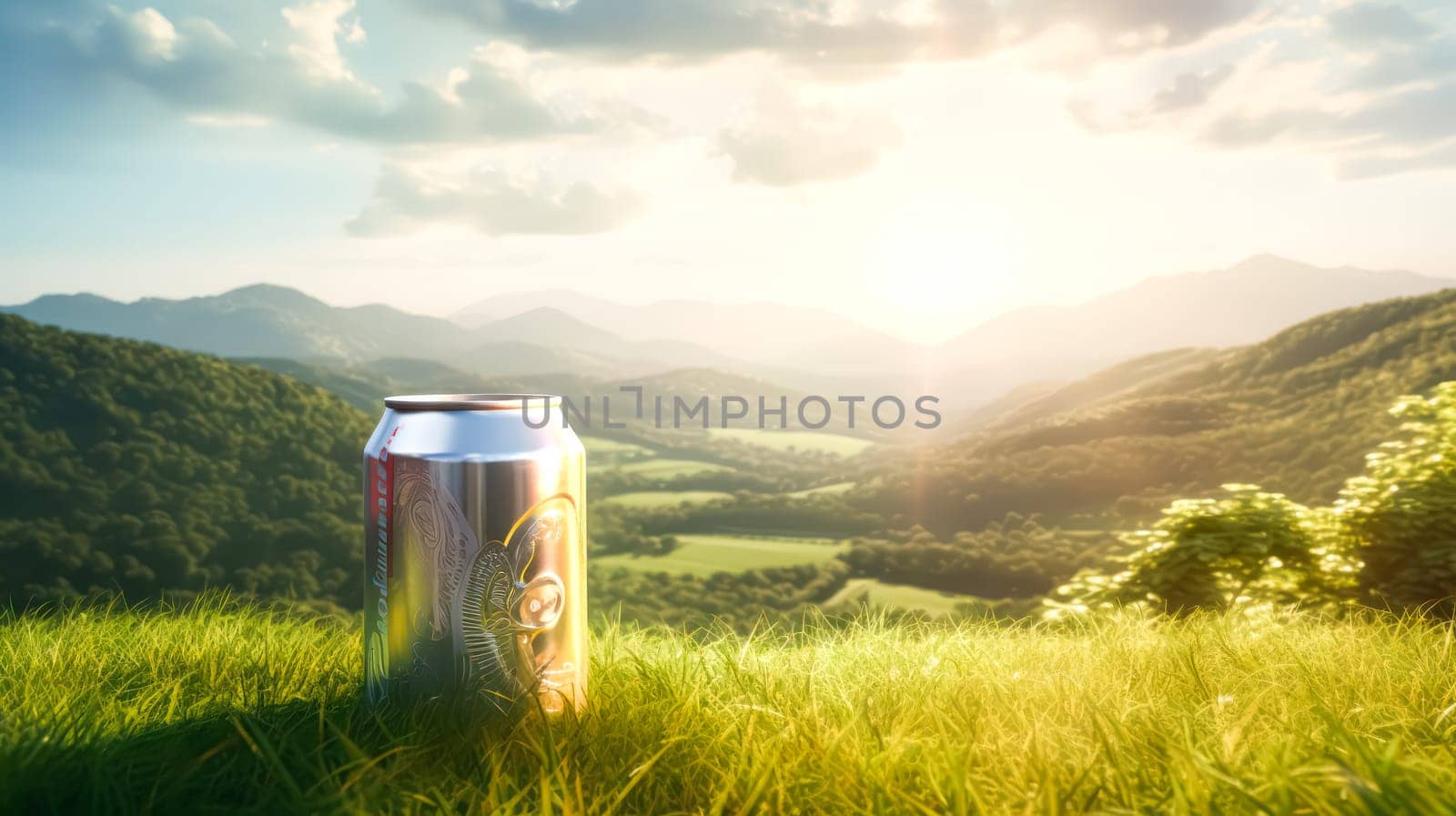 A large can of a drink against a background of nature and mountains by Alla_Morozova93