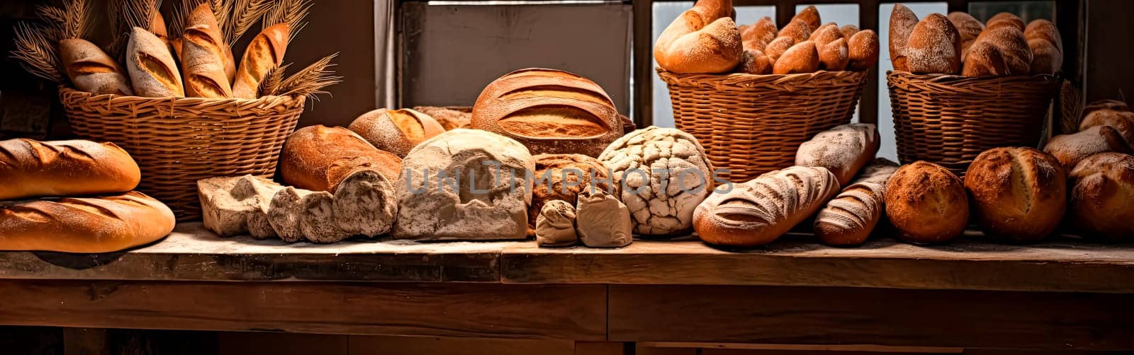 A variety of freshly baked bread on a wooden bakery table. Concept of selling fresh bread, inviting and wholesome stock photo for culinary themes