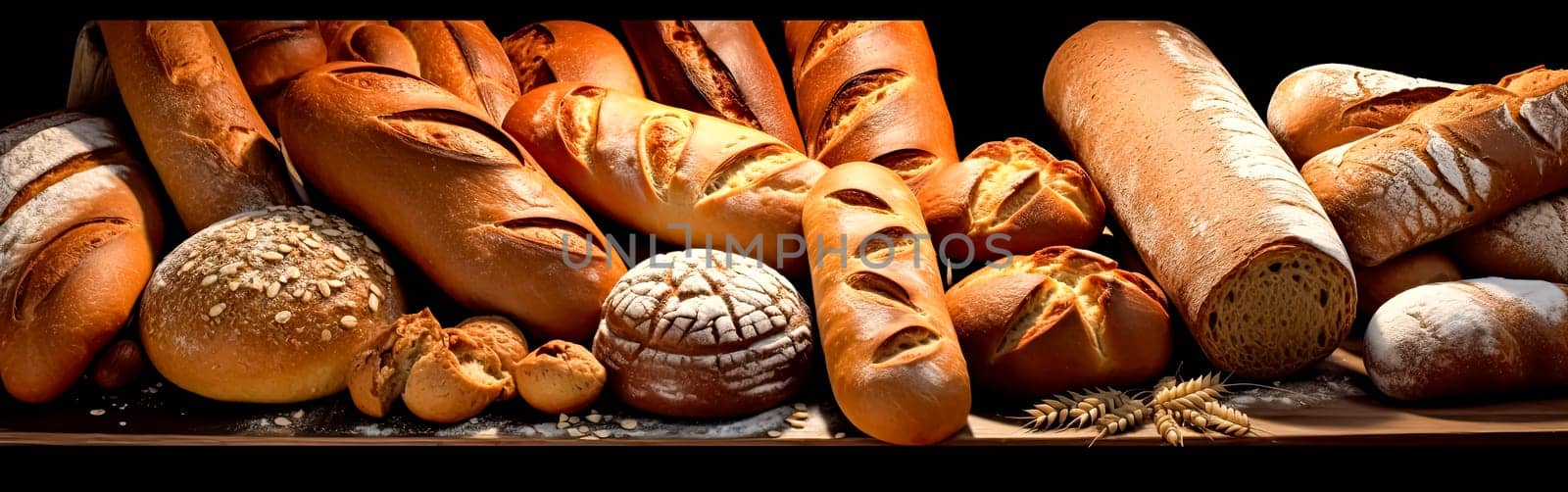 A variety of freshly baked bread on a wooden bakery table. Concept of selling fresh bread, inviting and wholesome stock photo for culinary themes