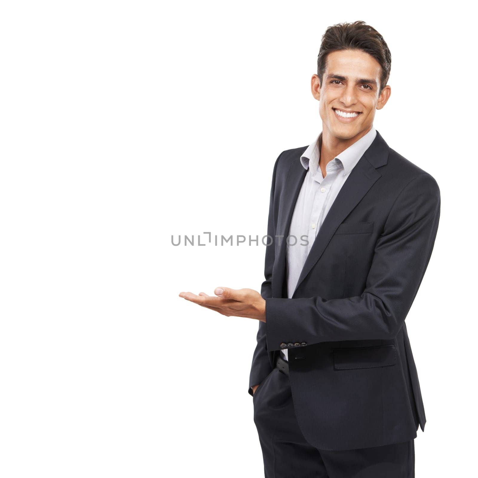 Business man, show presentation and mockup space with smile in portrait, advertising and communication in studio. Corporate opportunity, offer with information or announcement in studio for marketing by YuriArcurs