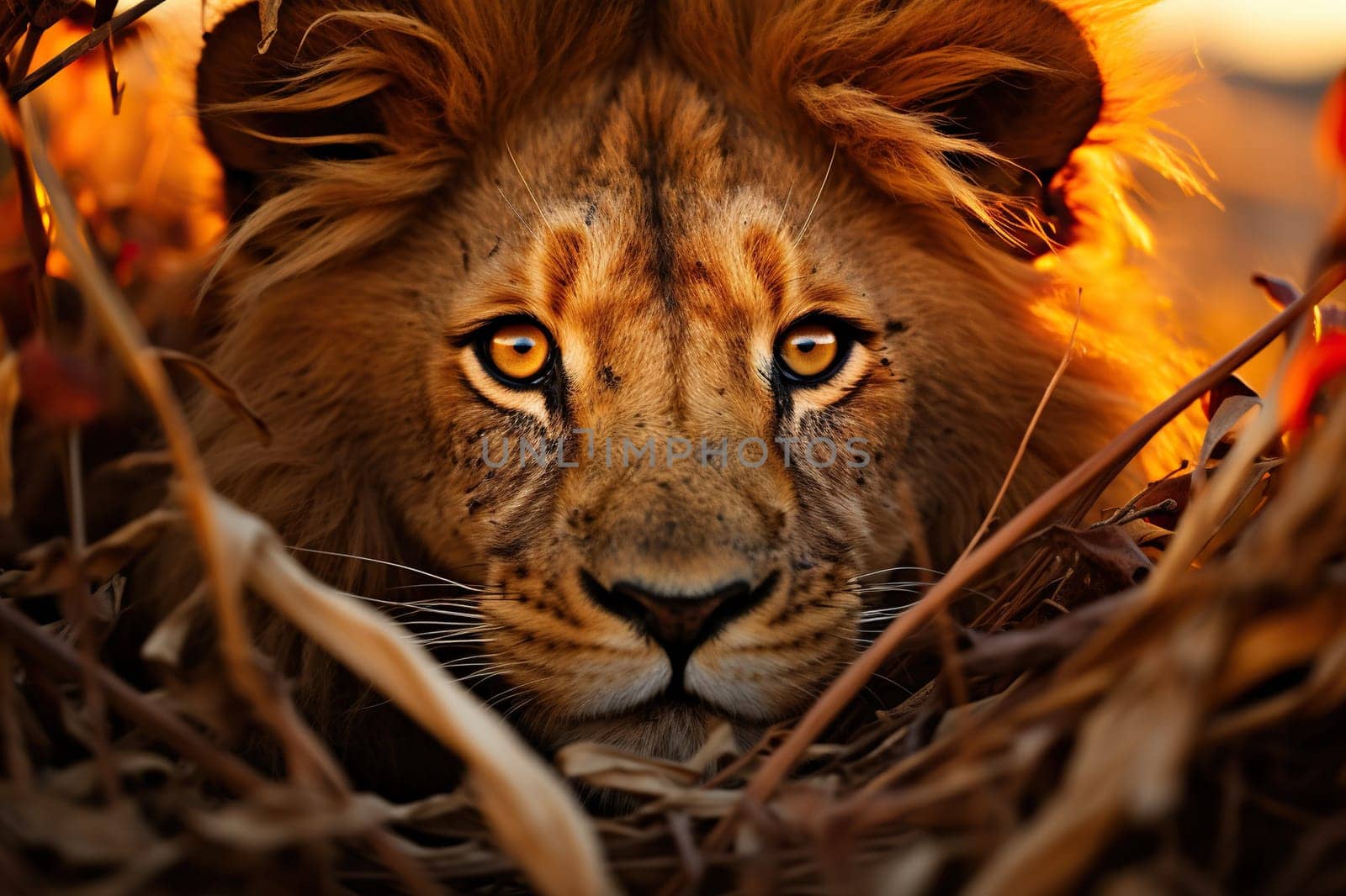 An adult lion looks directly at the camera in the savannah. Generated by artificial intelligence by Vovmar