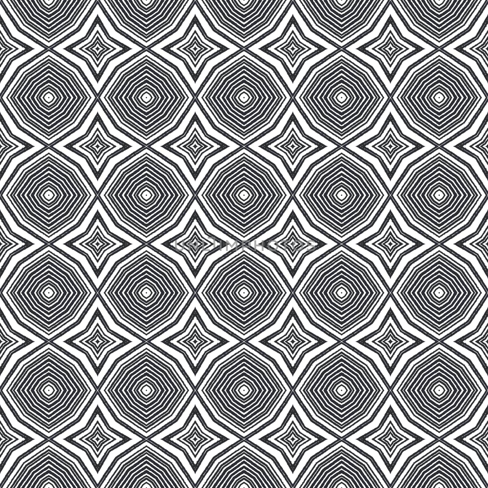 Exotic seamless pattern. Black symmetrical kaleidoscope background. Summer swimwear exotic seamless design. Textile ready imaginative print, swimwear fabric, wallpaper, wrapping.