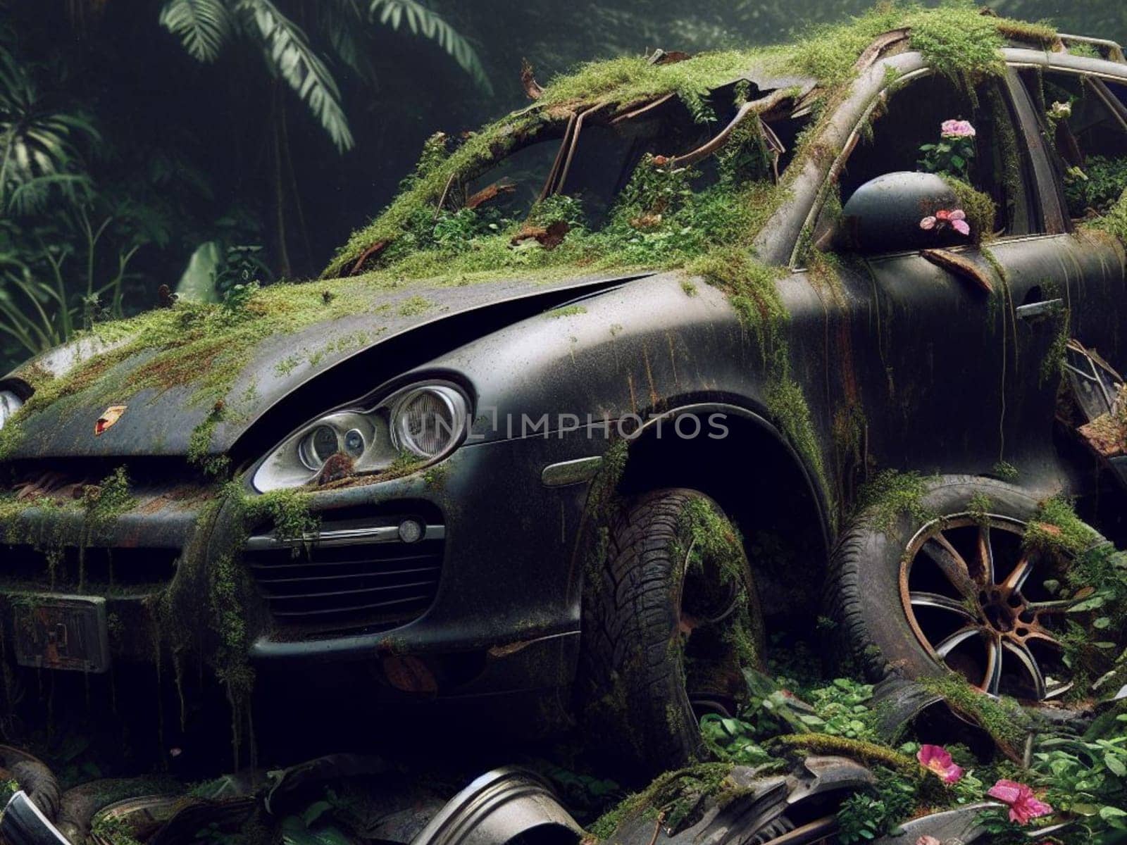 Abandoned rusty petrol luxury suv banned for co2 emission agenda, overgrowth plants bloom flowers by verbano