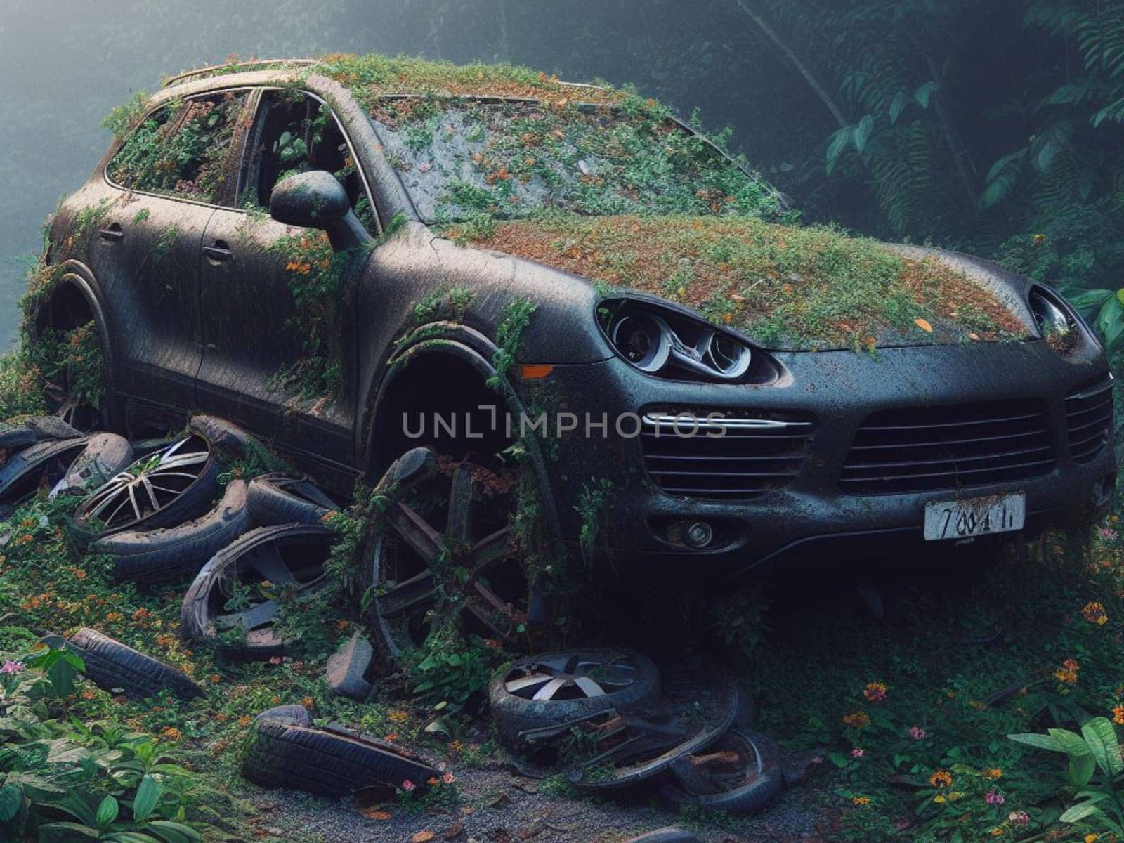 Abandoned rusty expensive atmospheric 4x4 suvas circulation banned for co2 emission 2030 agenda , severe damage, broken parts, plants overgrowth bloom flowers. ai generated