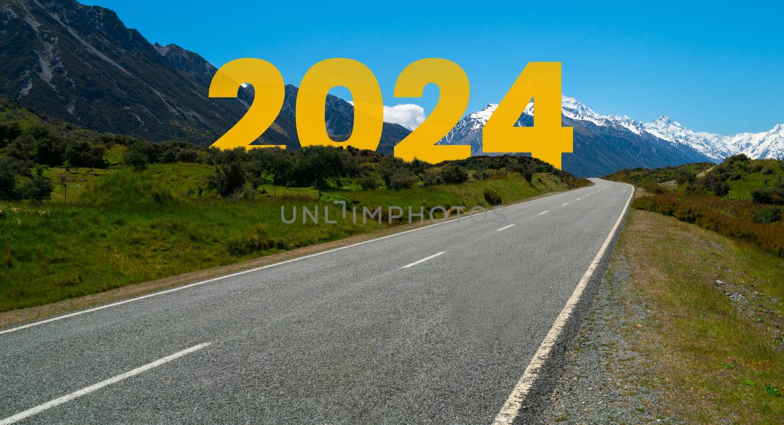 2024 New Year road trip travel and future vision concept . Nature landscape with highway road leading forward to happy new year celebration in the beginning of 2024 for bliss and successful start .