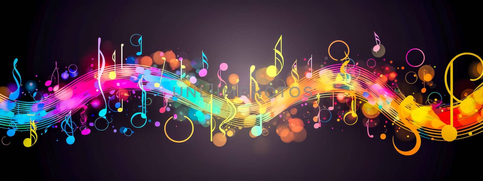 colorful and dynamic representation of musical elements, featuring a wave of music staves and notes, with a vibrant spectrum of colors, and floating circles that suggest a rhythm or melody.