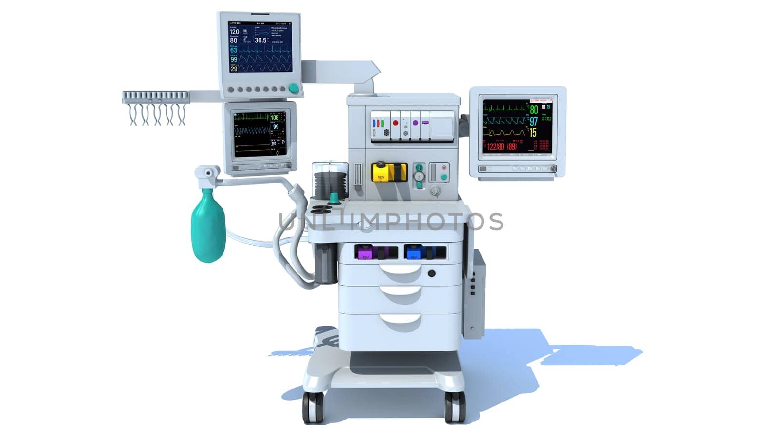 Anesthesia Respiratory Workstation Trolley medical equipment 3D rendering model on white background