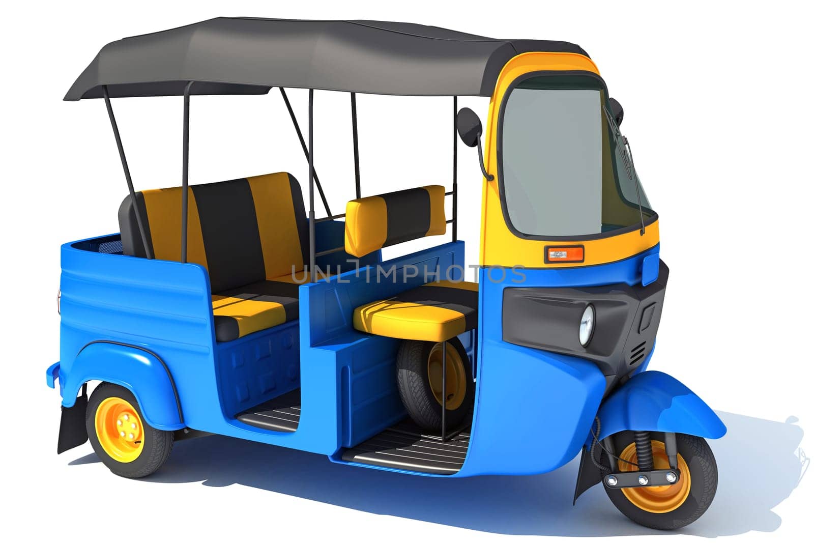 Mini Taxi Auto Rickshaw 3D rendering on white background by 3DHorse