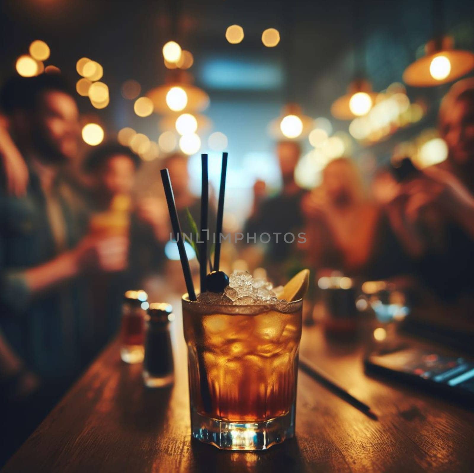 illustration of a cocktail drink in a bar pub at night, dim warm light, selective focus bokeh by verbano