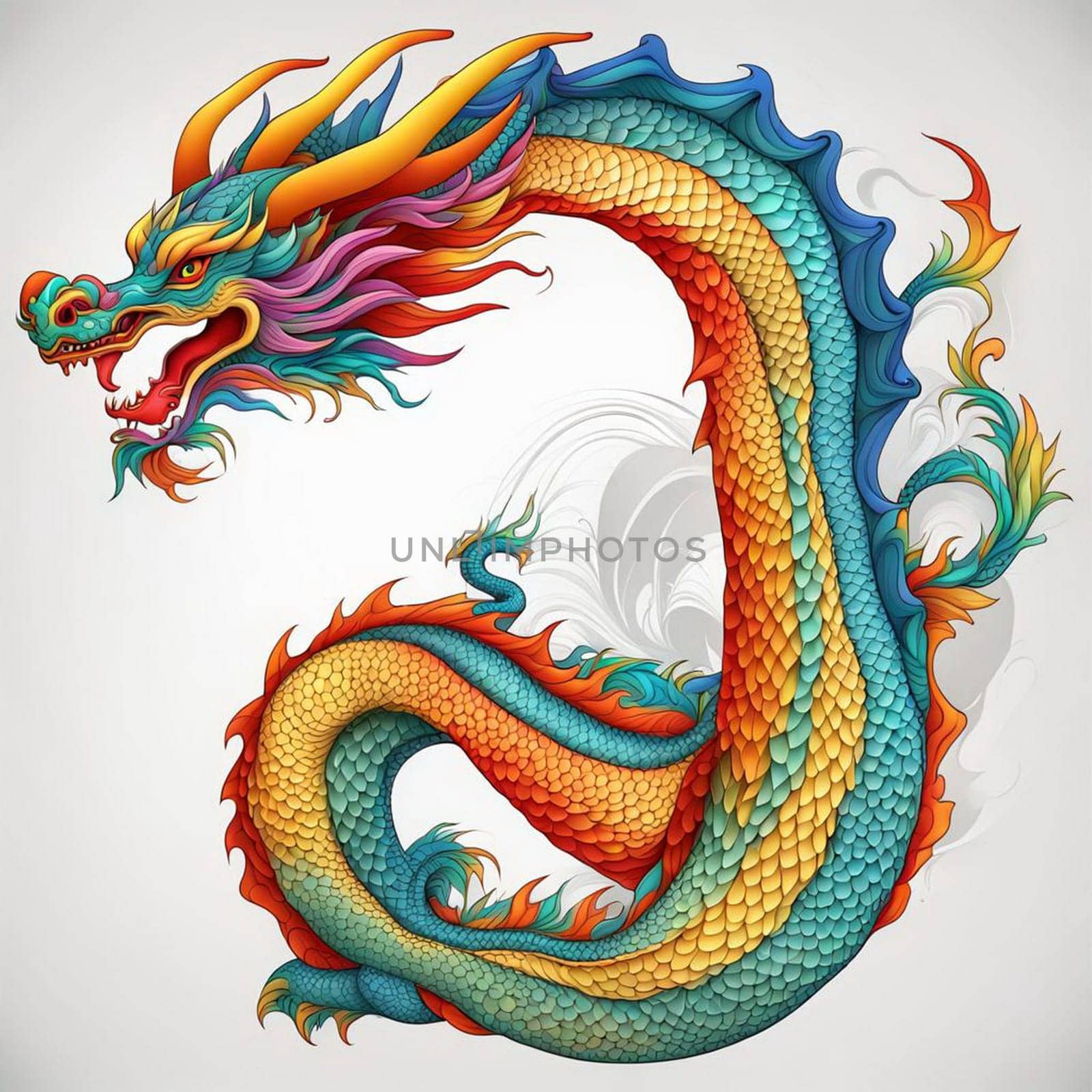 AI generated colorful illustration of a traditional Chinese dragon on white background.