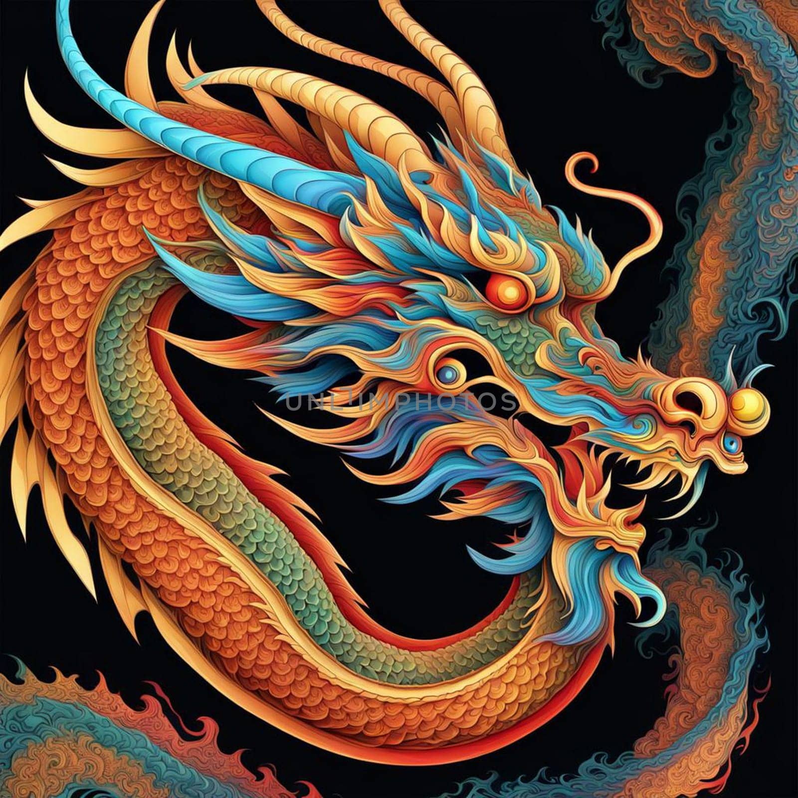 Intricate detailed illustration of a Chinese dragon. AI generated.