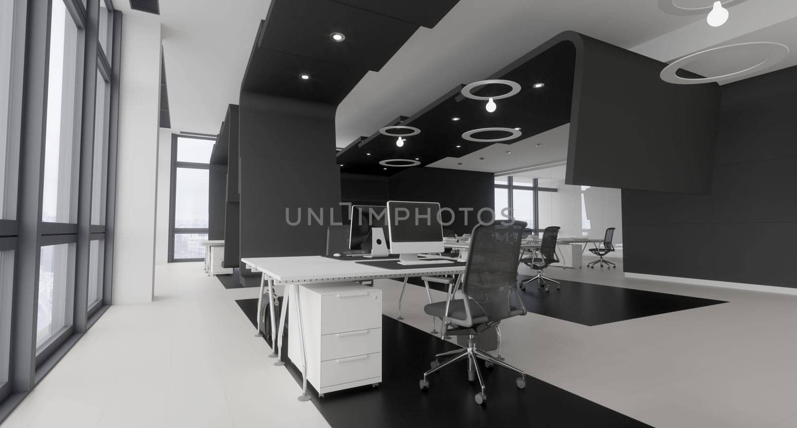 3D interior of bright open office interior space. Render of concept design