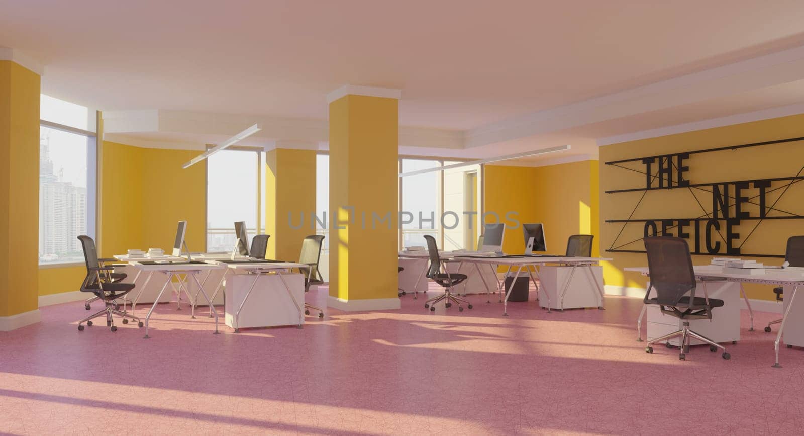 3D interior of bright open office interior space. Render of concept design