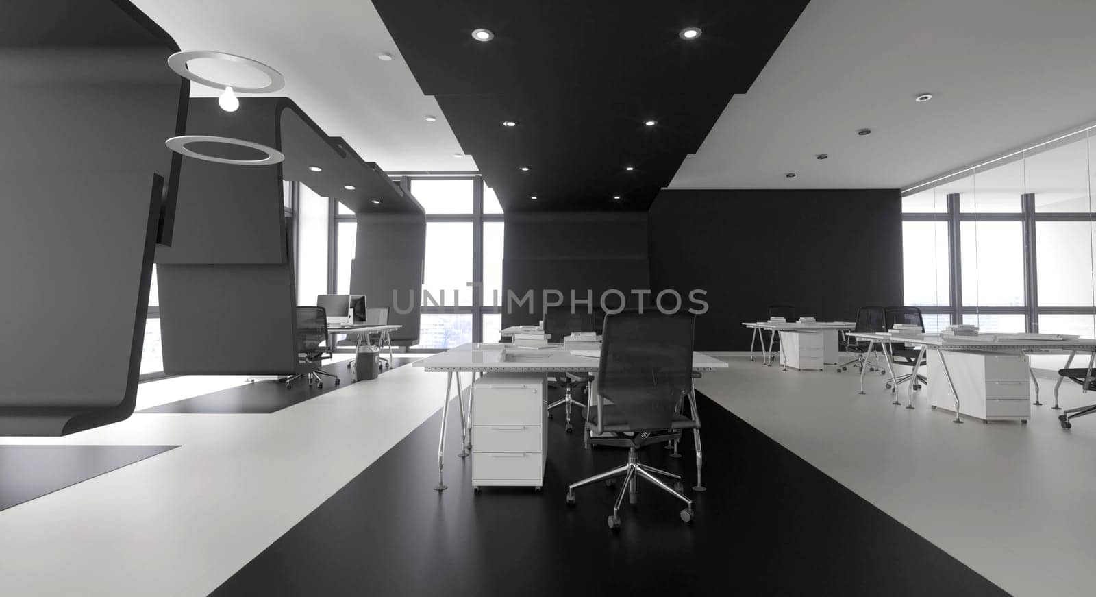 3D interior of bright open office interior space. Render of concept design
