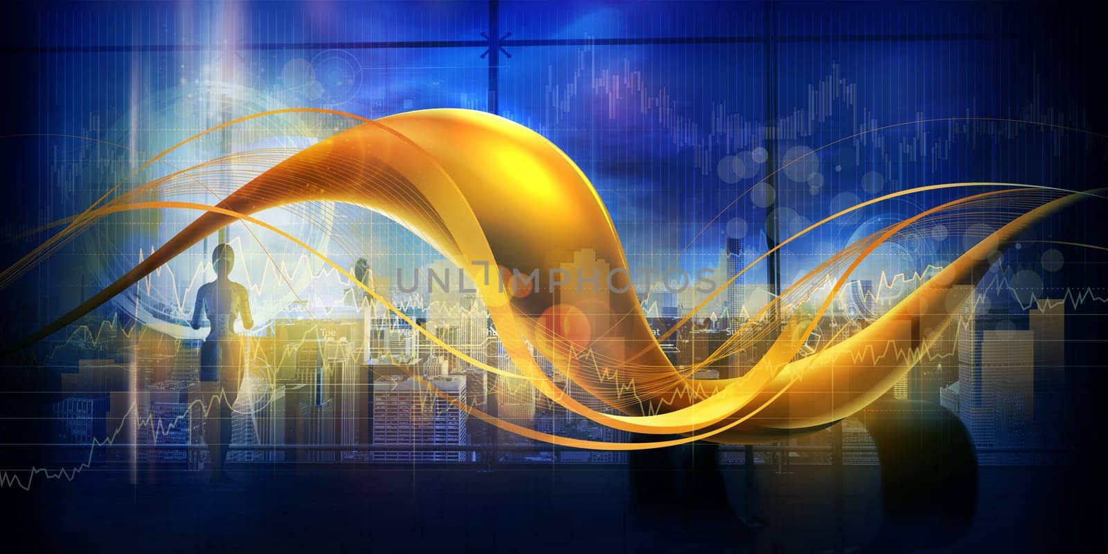 Abstract infographics with golden elements on a cityscape background with Android. by ConceptCafe