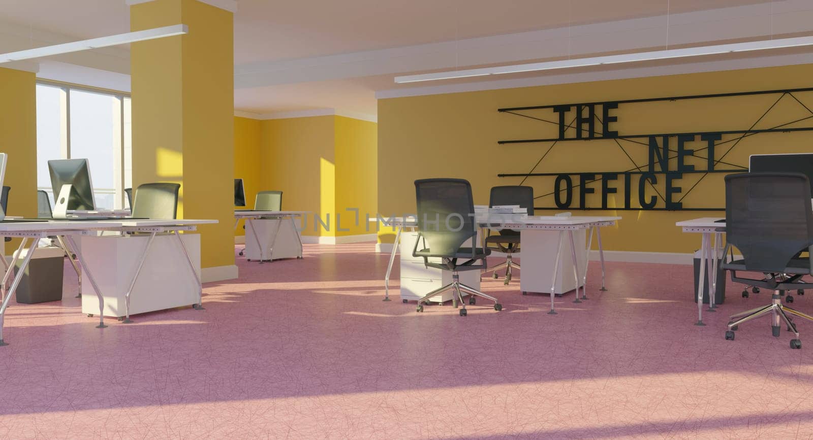 3D interior of bright open office interior space. Render of concept design