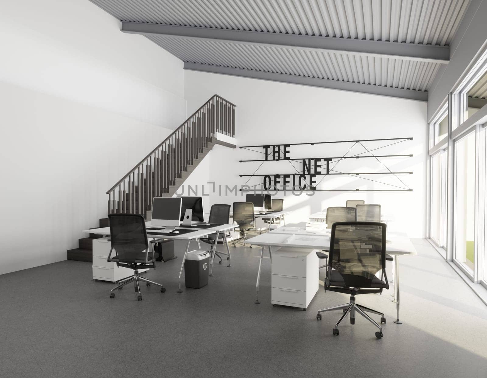 3D interior of bright open office interior space. Render of concept design