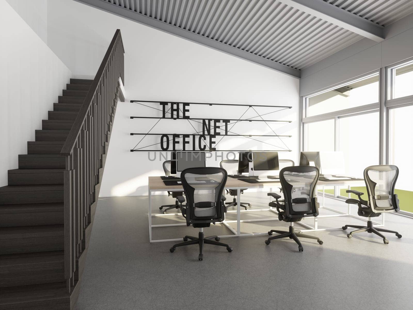 3D interior of bright open office interior space. Render of concept design