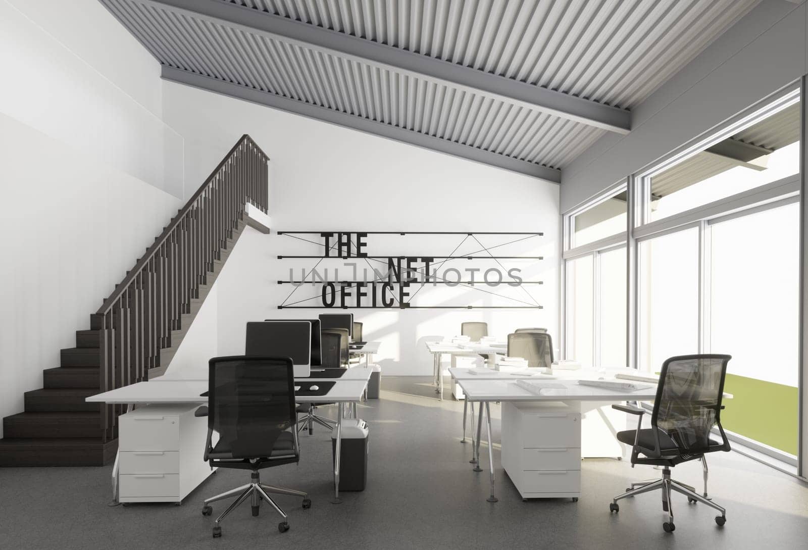 3D interior of bright open office interior space. Render of concept design