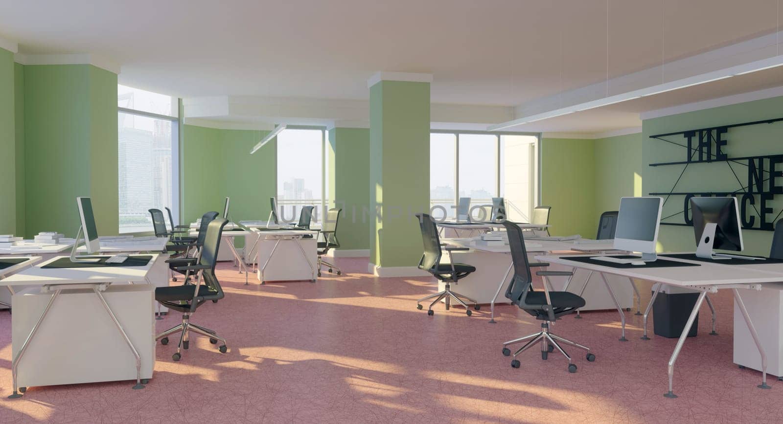 3D interior of bright open office interior space. Render of concept design