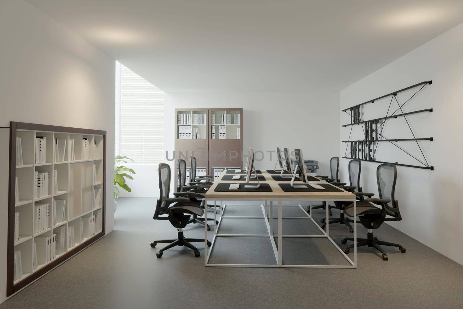 3D interior of bright open office interior space. Render of concept design