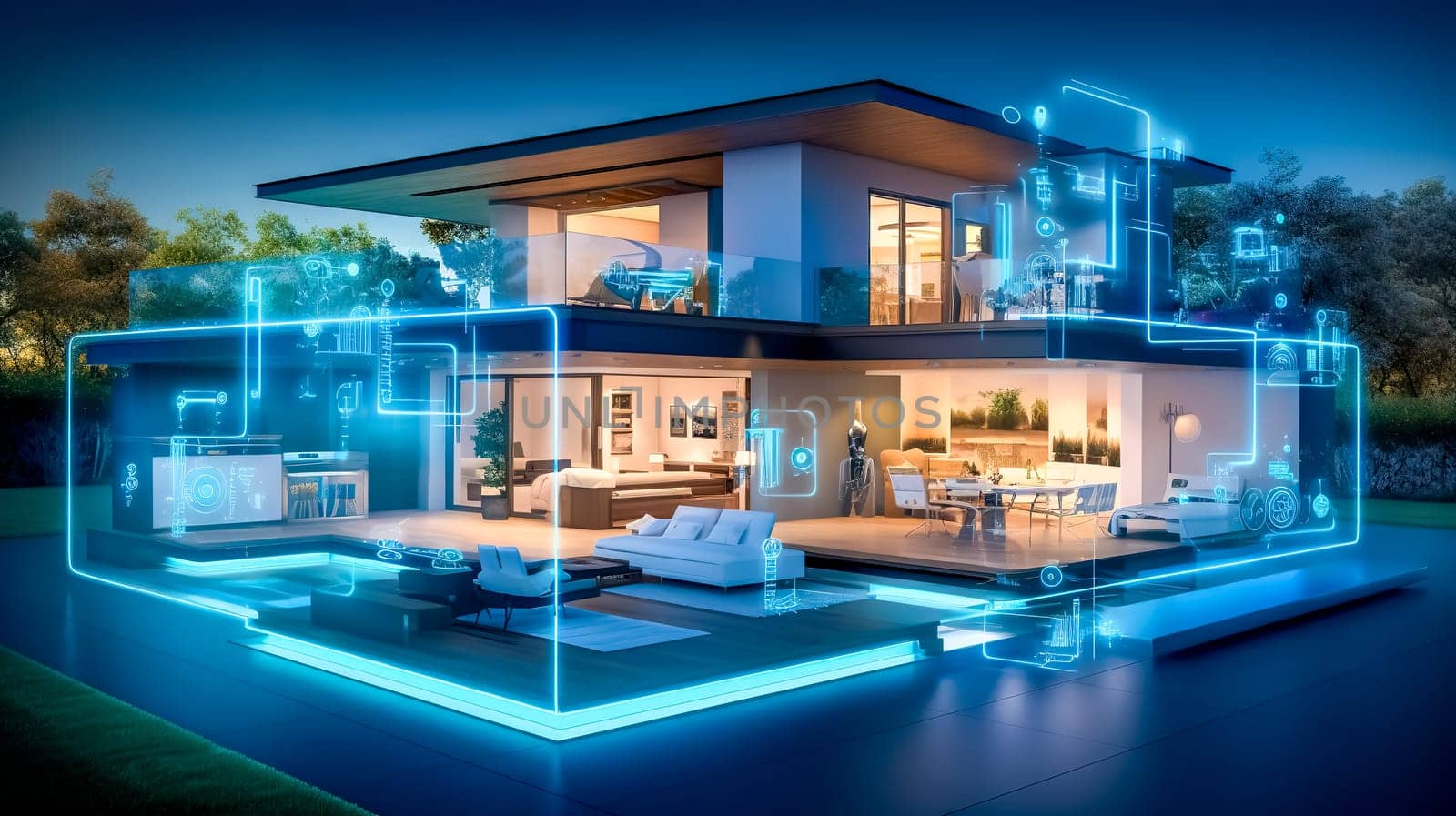 futuristic smart home concept during the night, showcasing a modern house with illuminated smart technology icons around it, reflecting advanced connectivity and home automation by Edophoto