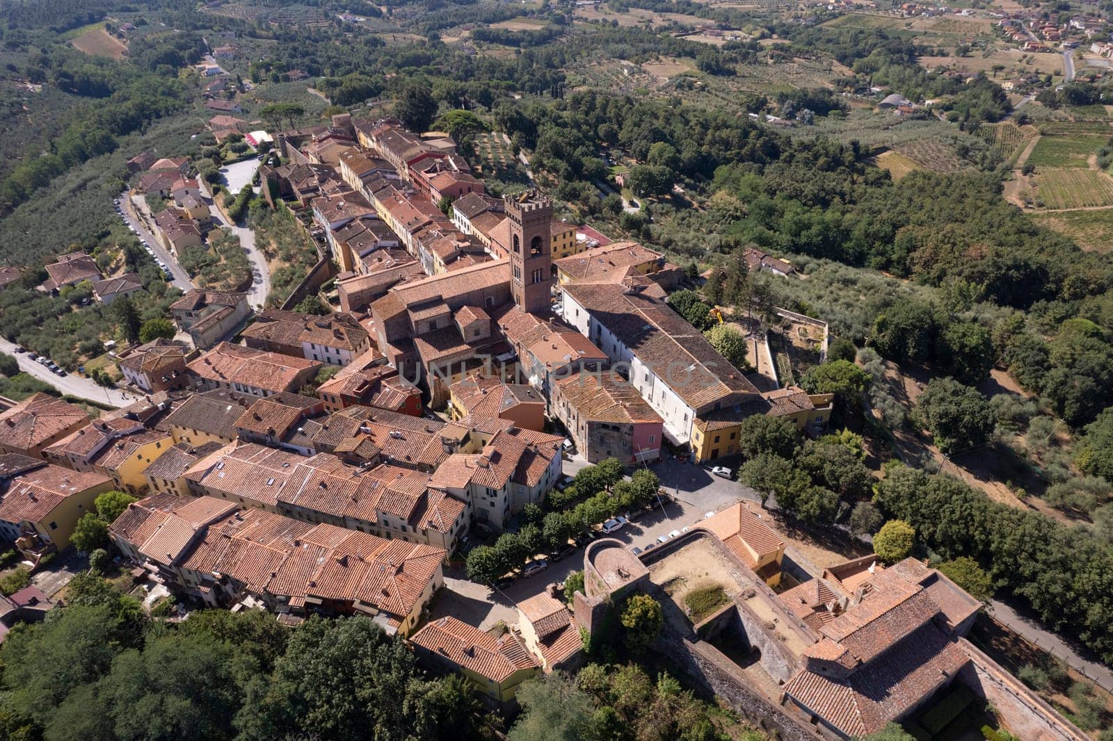 Aerial photographic documentation of the medieval town of Montecarlo in the province of Lucca, Tuscany 