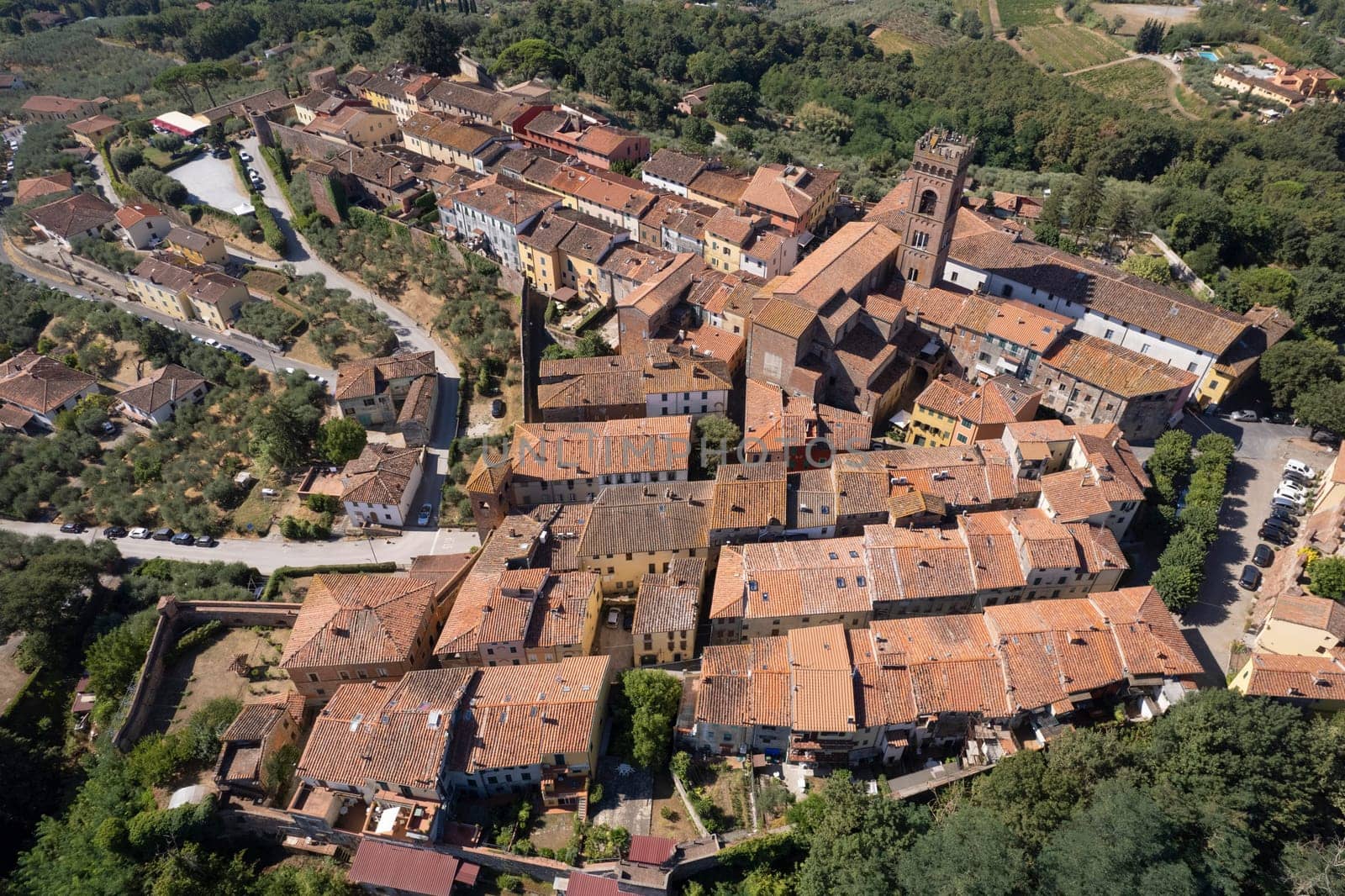 Aerial photographic documentation of the medieval town of Montecarlo in the province of Lucca, Tuscany 