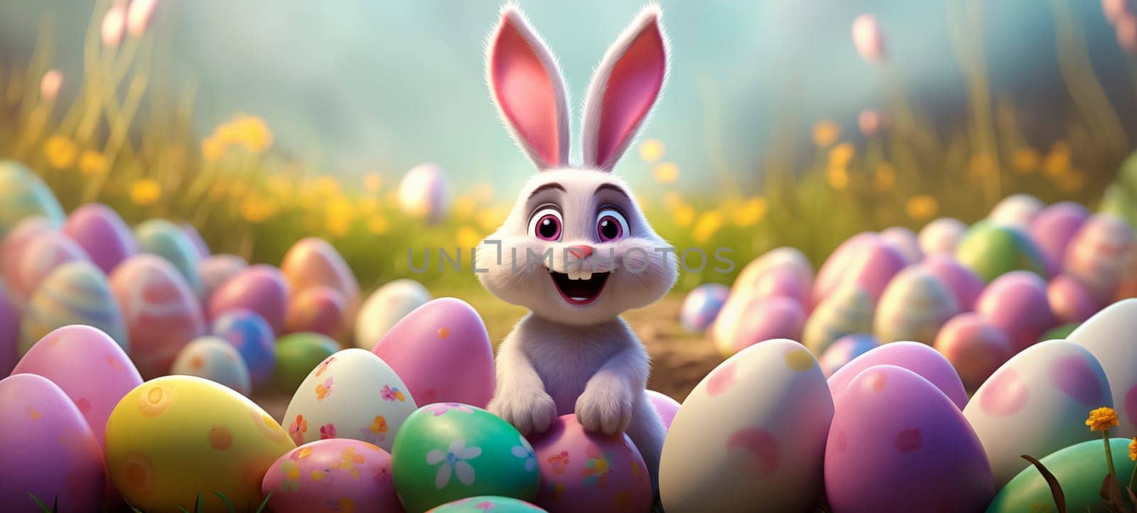 Happy Easter colorful banner with cute cartoon bunny rabbit and a lots of eggs. Easter festival background with bunny and eggs. Egg hunt contest