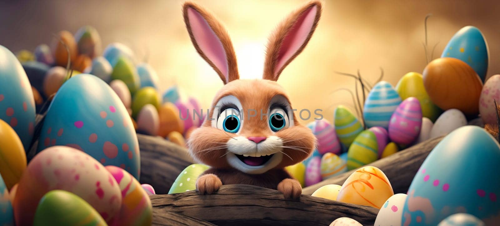 Happy Easter colorful banner with cute cartoon bunny rabbit and a lots of eggs. Easter festival background with bunny and eggs. Egg hunt contest