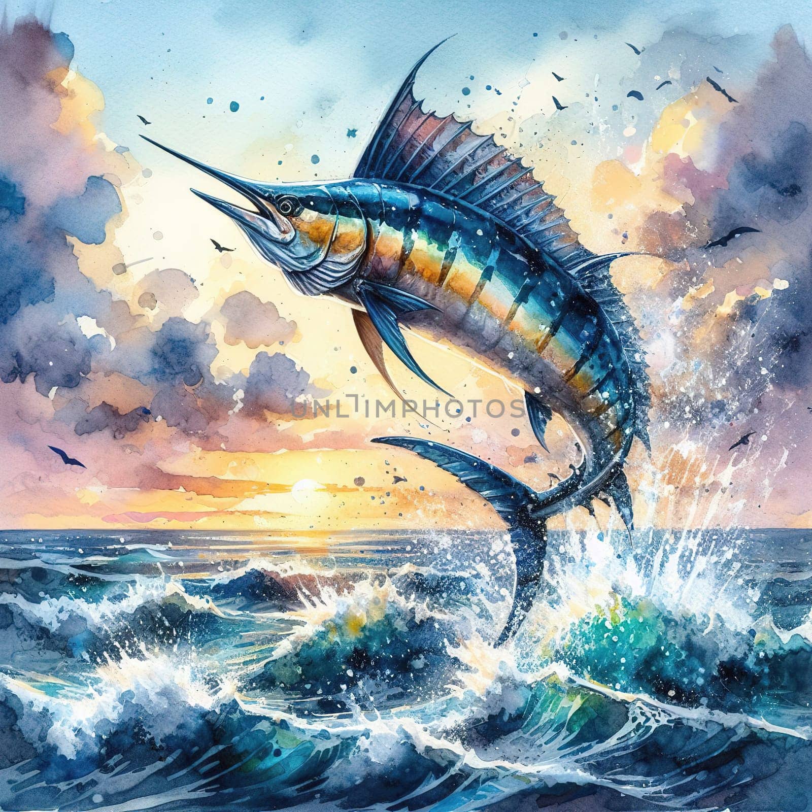 A large marlin swims in the sea. Generative AI. High quality illustration