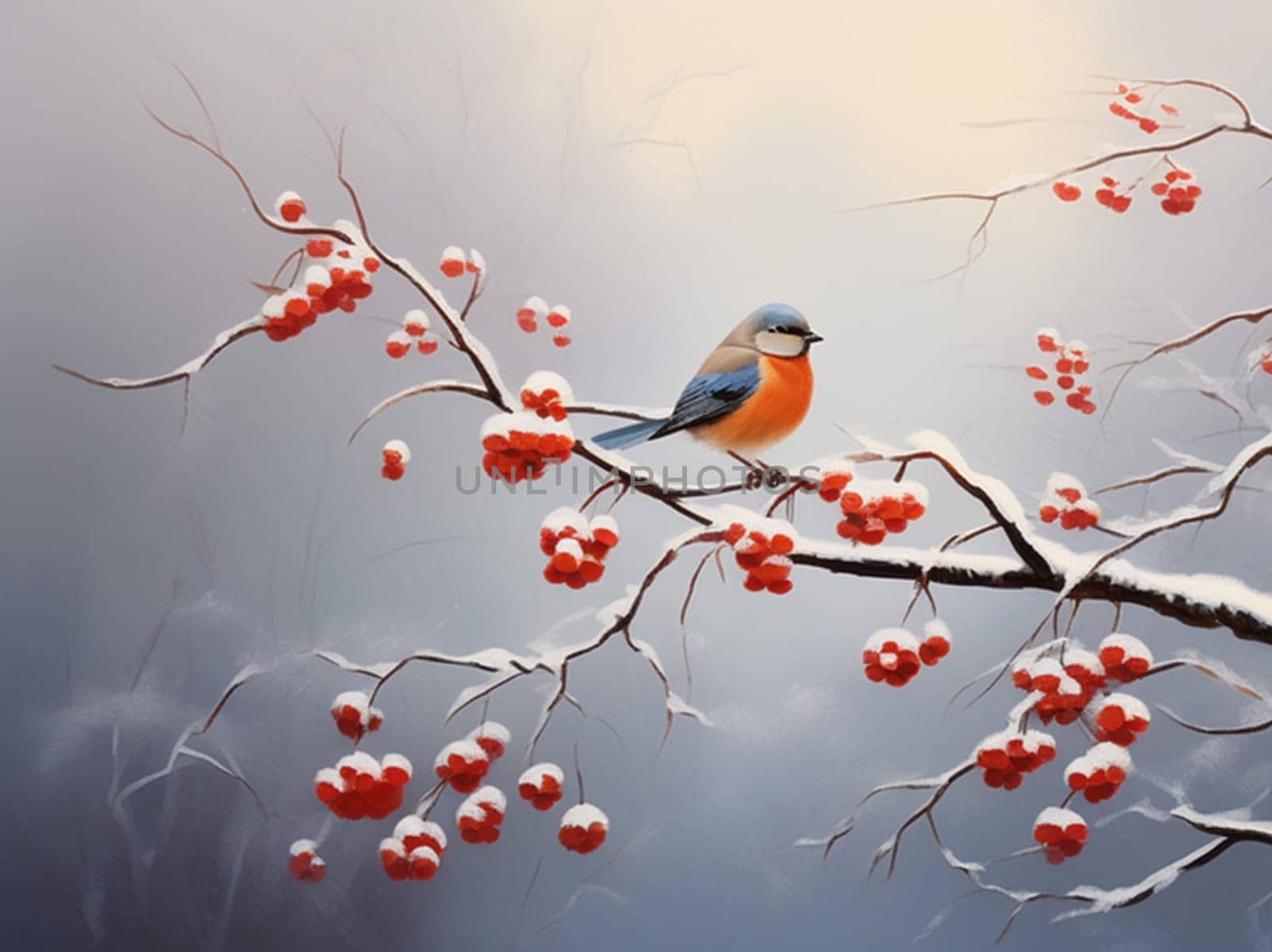 Beautiful bright birds sit on a rowan branch in snowy winter. by Ekaterina34