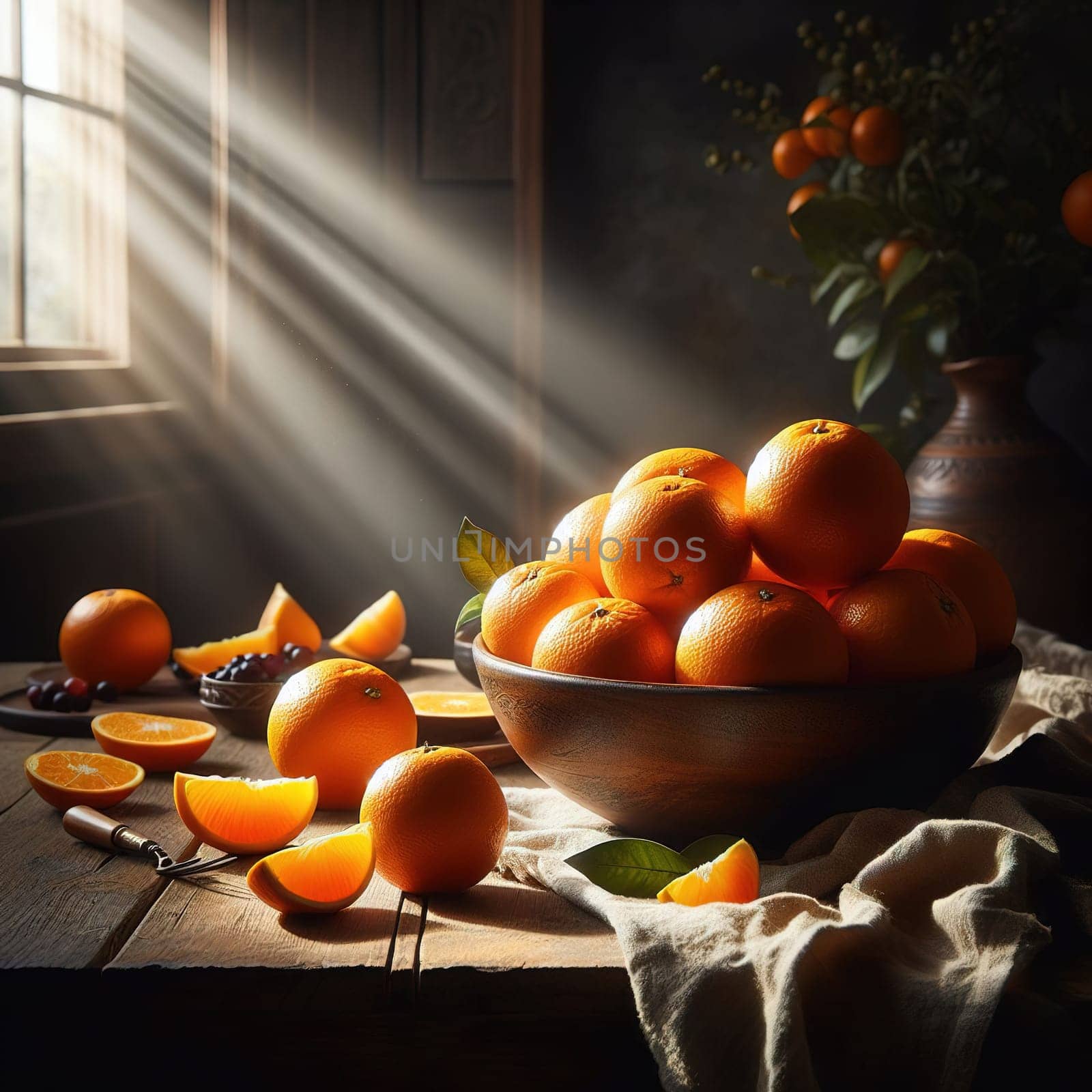 Juicy oranges on a dark background. Generative AI by gordiza