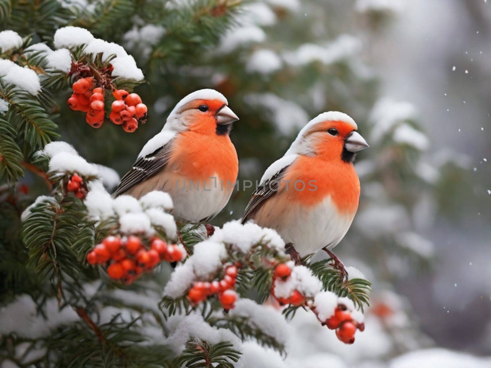 Beautiful bright birds sit on a rowan branch in snowy winter